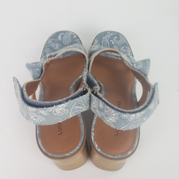 Lucky Brand Demmia wedge platform wood sandal shoe strappy printed denim new 9 - Picture 4 of 10
